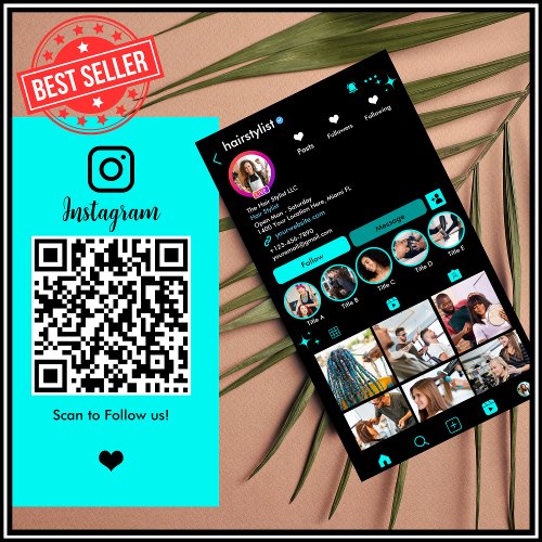Hair Stylist Instagram Turquoise Scan to Connect Business Card