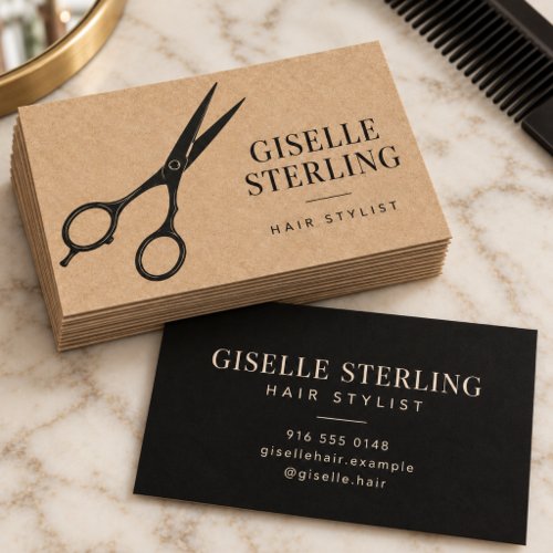 Hair Stylist Kraft Black Scissors Minimalist Salon Business Card