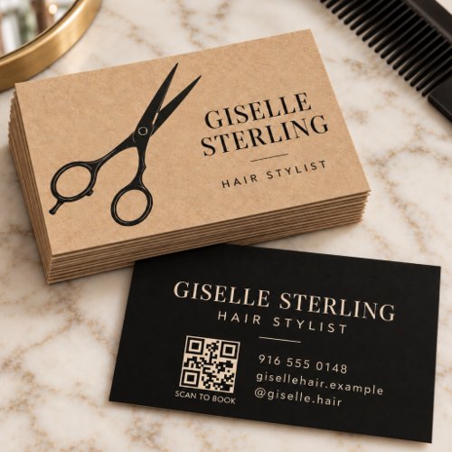 Hair Stylist Kraft Black Scissors QR Code Salon Business Card
