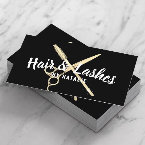 Hair Stylist Lashes Beauty Salon Black  Gold Business Card