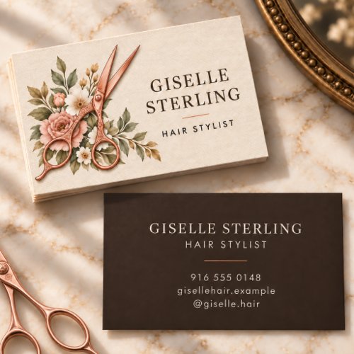 Hair Stylist Linen Floral Rose Gold Scissors Business Card