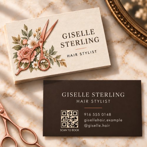 Hair Stylist Linen Floral Scissors QR Code Business Card