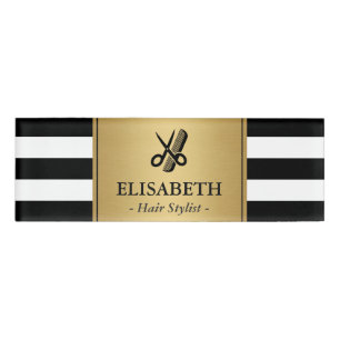 Hair Stylist Logo Classy Gold Black White Stripes Name Tag