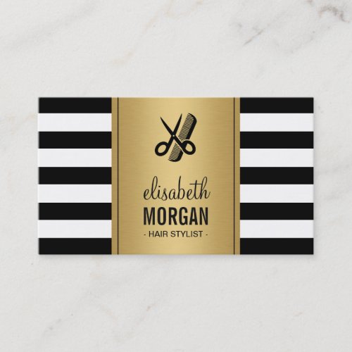 Hair Stylist Logo Elegant Gold Black White Stripes Business Card