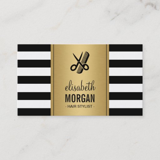 Customizable Hair Stylist Logo Elegant Gold Black White Stripes Business Card