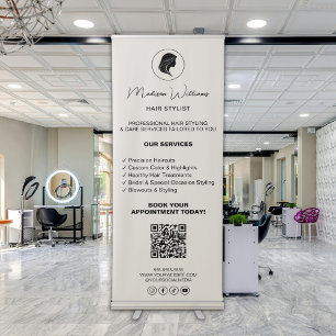 Hair Stylist Logo QR Social Media Neutral Beige Retractable Banner