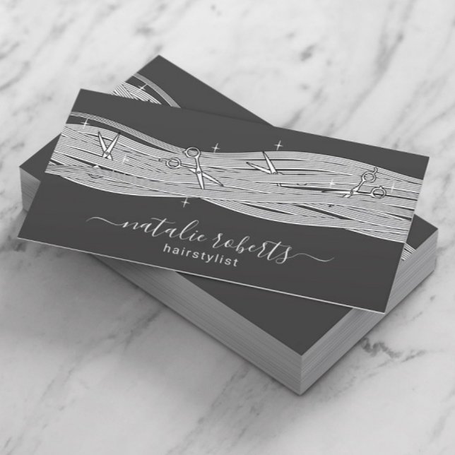 Hair Stylist Long Hair & Scissors Dark Gray Salon Business Card (Creator Uploaded)