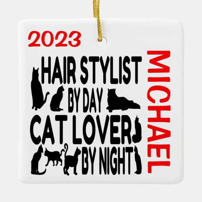 Hair Stylist Loves Cats CUSTOM Ceramic Ornament (Front)