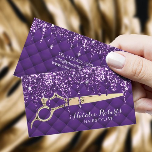 Hair Stylist Lux Purple Glitter Drips Beauty Salon Business Card