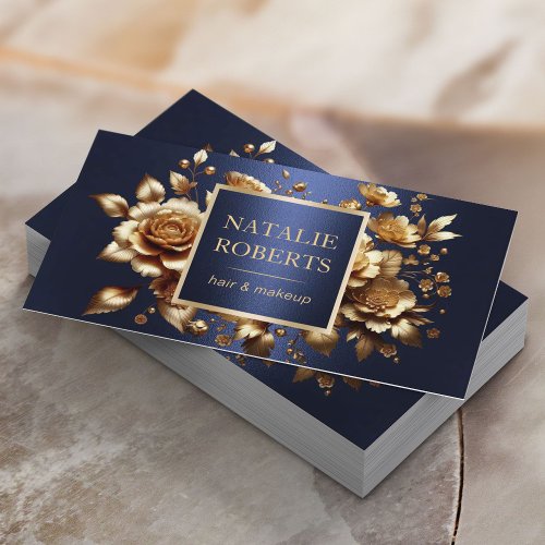 Hair Stylist Luxury Gold 3D Floral Navy Blue Salon Business Card