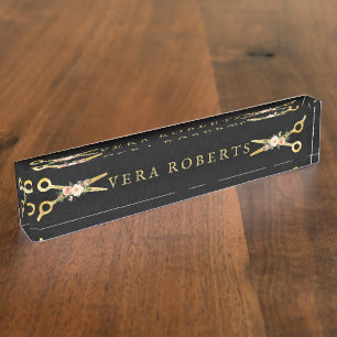 Hair Stylist Luxury Gold black Damask Desk Name Plate