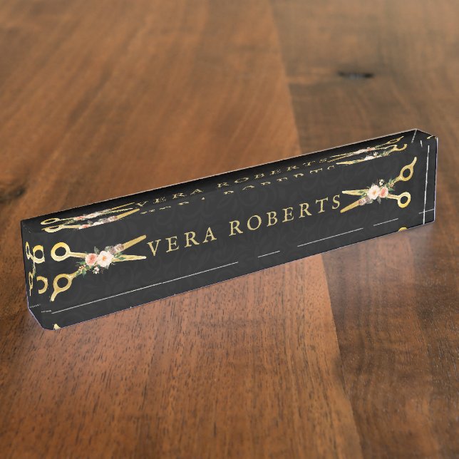 Hair Stylist Luxury Gold black Damask Desk Name Plate (Side)