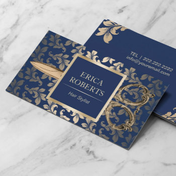 Hair Stylist Luxury Gold Scissor Elegant Navy Blue Business Card by cardfactory at Zazzle