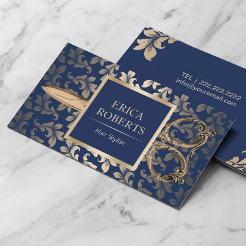 Hair Stylist Luxury Gold Scissor Elegant Navy Blue Business Card