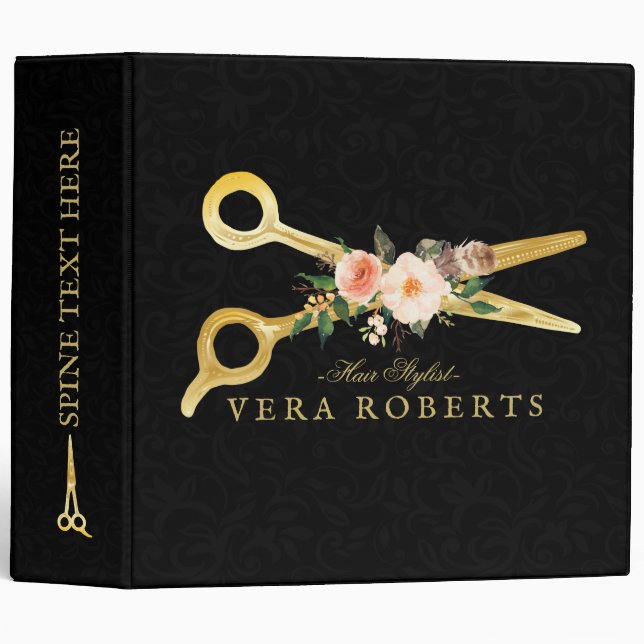 Hair Stylist Luxury Gold Scissors black Damask 3 Ring Binder (Front/Spine)