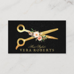 Hair Stylist Luxury Gold Scissors black Damask Business Card