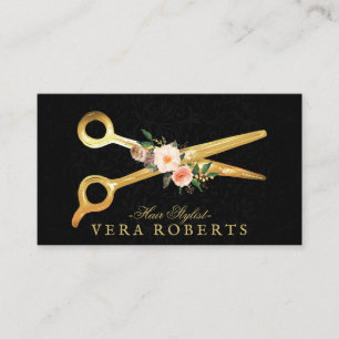 Hair Stylist Luxury Gold Scissors black Damask Business Card