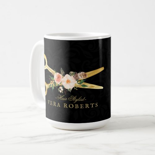 Hair Stylist Luxury Gold Scissors black Damask Coffee Mug