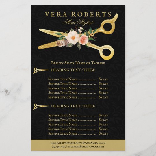 Hair Stylist Luxury Gold Scissors Black Damask Flyer Zazzle Com