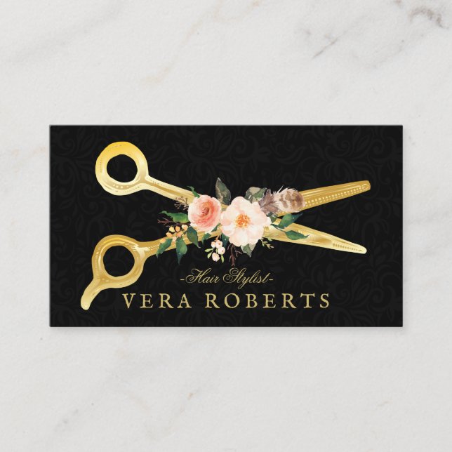 Hair Stylist Luxury Gold Scissors Damask Appointment Card (Front)