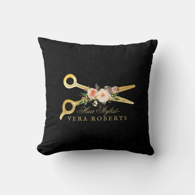 Hair Stylist Luxury Gold Scissors Damask Throw Pillow (Front)