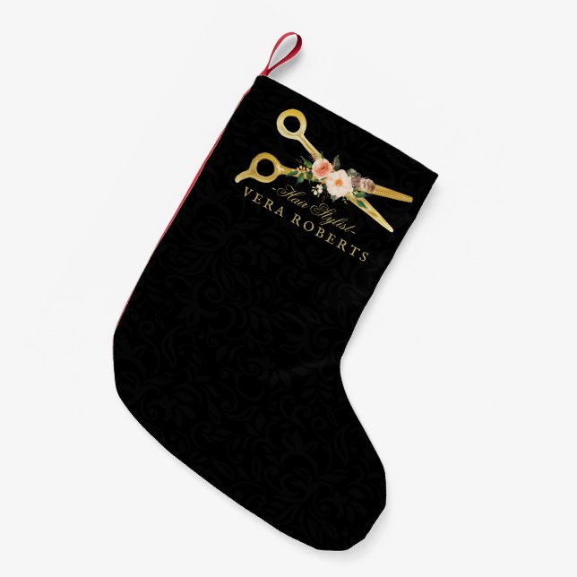 Hair Stylist Luxury Gold Scissors Personalized Small Christmas Stocking (Front (Hanging))