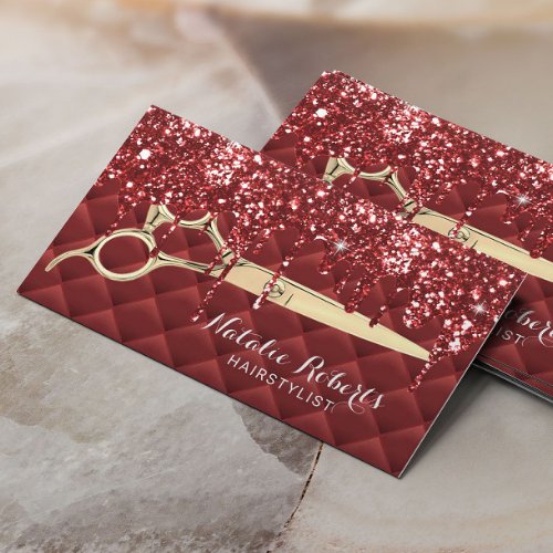 Hair Stylist Luxury Red Glitter Drips Beauty Salon Business Card