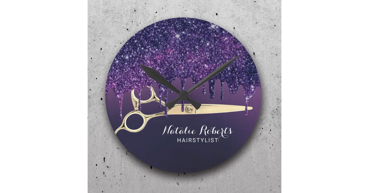 Hair Stylist Magic Purple Glitter Drips Salon Round Clock  Zazzle