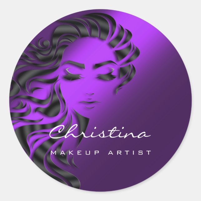 Hair Stylist Makeup Artist Glitter Eyelash Purple Classic Round Sticker (Front)