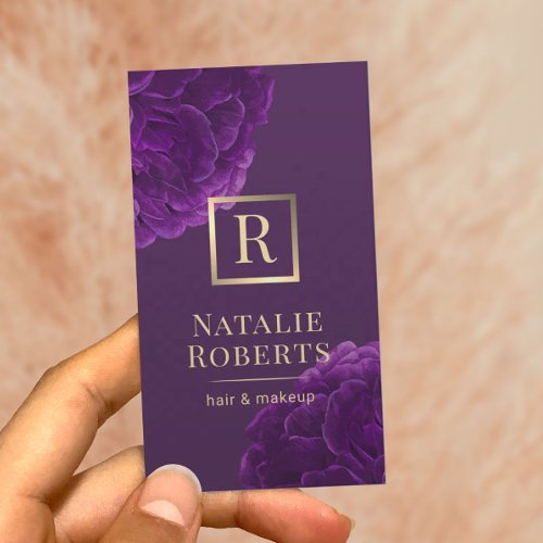 Hair Stylist Makeup Artist Purple Floral Gold Logo Business Card