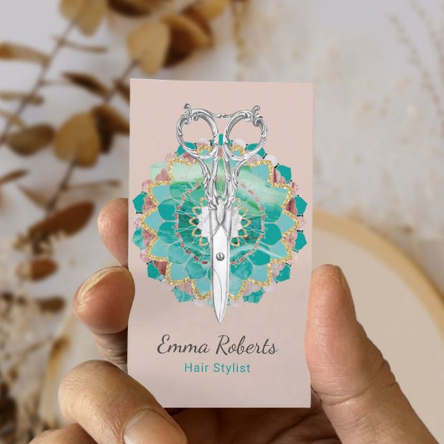 Hair Stylist Mandala Flower Scissor Blush Pink Business Card (Creator Uploaded)