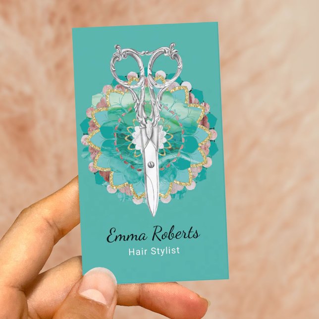 Hair Stylist Mandala Flower Scissor Turquoise Business Card (Creator Uploaded)