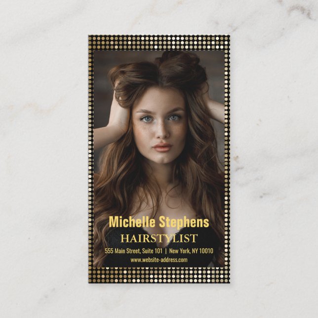 Hair Stylist Metallic Gold + Black QR Code Business Card (Front)