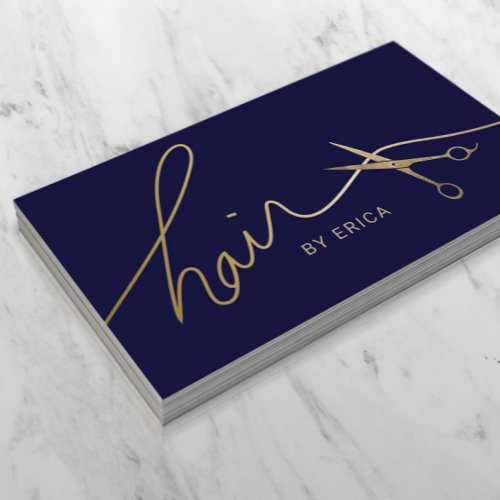 Hair Stylist Minimalist Navy  Gold Typography  Business Card