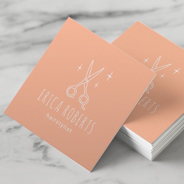 Hair Stylist Minimalist Scissor Beauty Salon Peach Square Business Card (Creator Uploaded)