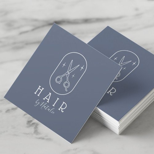 Hair Stylist Minimalist Scissor Logo Navy Salon Square Business Card