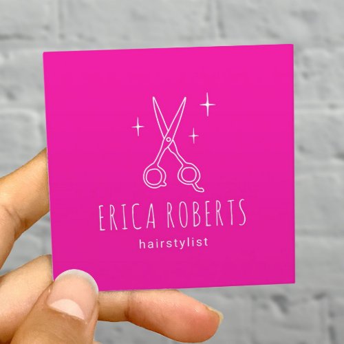 Hair Stylist Minimalist Scissor Salon Hot Pink Square Business Card