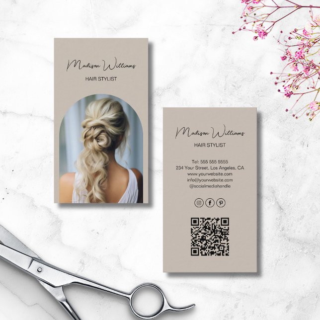 Hair Stylist Modern Arch Photo Beige Business Card (Hair Stylist Modern Arch Photo Beige Business Card)