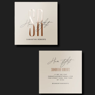 Hair stylist modern beige brown monogram initials raised spot UV business card