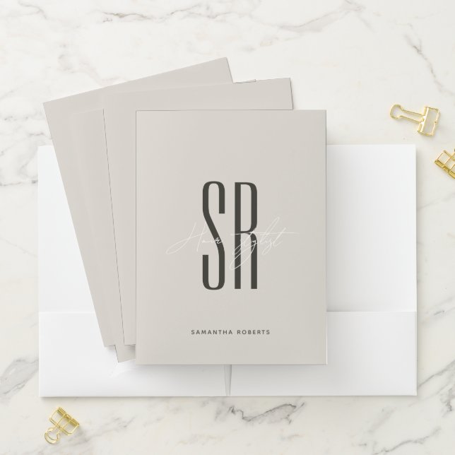 Hair stylist modern beige gray monogram initials pocket folder (In Situ)