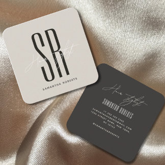 Hair stylist modern beige gray monogram initials square business card