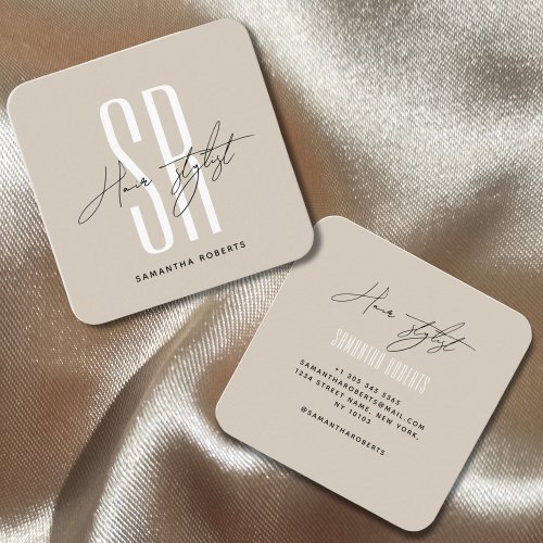Hair stylist modern beige monogram initials square business card
