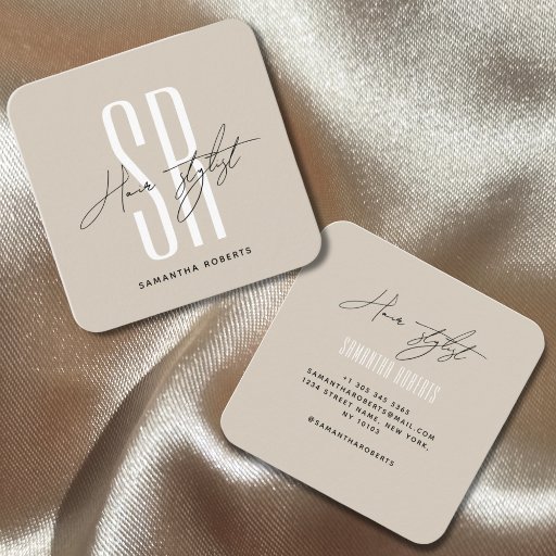 Customizable Hair stylist modern beige monogram initials square business card