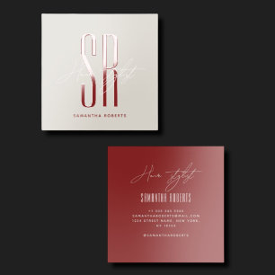 Hair stylist modern beige red monogram initials raised spot UV business card