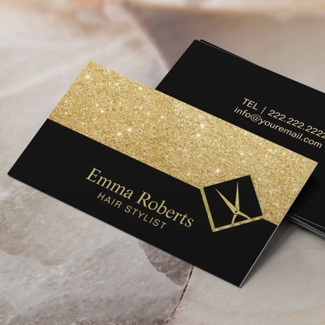 Hair Stylist Modern Black & Gold Glitter Salon Business Card (Creator Uploaded)