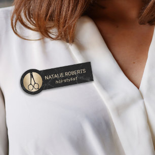 Hair Stylist Modern Black Marble Beauty Salon Name Tag