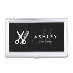 Hair Stylist Modern Black White Scissors Monogram Case For Business Cards