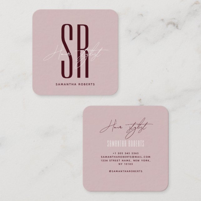 Hair stylist modern blue monogram initials square business card (Front/Back)