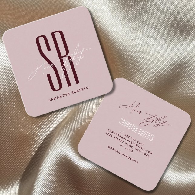 Hair stylist modern blue monogram initials square business card (Creator Uploaded)