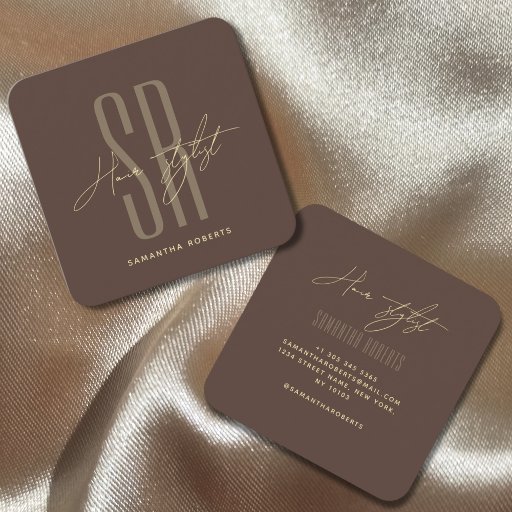 Customizable Hair stylist modern brown monogram initials square business card